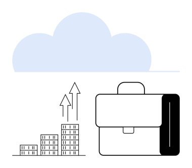 Yükselen bar tablosunun üzerinde iş büyümesini, bulut hesaplamasını ve veri depolamasını simgeleyen oklar ve evrak çantasıyla mavi bulut. İş, teknoloji araçları, finans, bulut sistemleri, üretkenlik için ideal