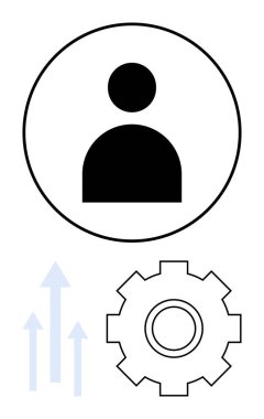 Daire içinde sadeleştirilmiş insan simgesi, yukarı bakan okları olan dişliler. Kullanıcı ayarları, üretkenlik, kişisel büyüme, yenilik, gelişme, strateji çabaları için idealdir. Soyut satır düzlüğü