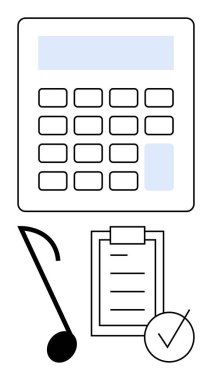 Hesap makinesi, müzik notası, listeli pano ve kontrol damgası planlama, organizasyon, yaratıcılık ve analiz. Üretkenlik için ideal, müzik eğitimi strateji projesini finanse etmek