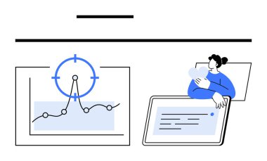 Hedef odaklı bir grafik ve tablet üzerinde kalp ikonu tutan bir kadın. Veri analizi, takım çalışması, kullanıcı bağlılığı, teknoloji, dijital trendler, iletişim, soyut çizgi düz metafor için ideal