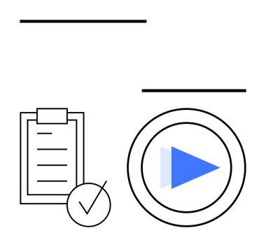 Kontrol işaretli ve dairesel oynatma düğmeli minimalist pano kontrol listesi. Görev yönetimi, süreç izleme, hedef belirleme, üretkenlik uygulamaları, kullanıcı bindirme, talimatlar, soyut satır