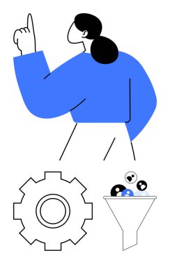 Yukarıya bakan kadın, dişlileri sembolize eden süreçler ve filtreleme ya da organizasyonu gösteren huni. Karar verme, iş akışı, üretkenlik, liderlik, yenilik, pazarlama sektörü için ideal