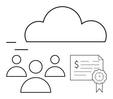 Üç kullanıcı figürünün üzerinde bulut simgesi ve mühürlü bir sertifika belgesi. Bulut hizmetleri, kullanıcı yönetimi, dijital sertifikalar, takım çalışması, çevrimiçi öğrenme, teknoloji geliştirme, ağ oluşturma için ideal