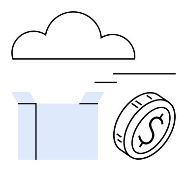 Açık kutunun üstündeki bulut elemanı dijital depolama, çevrimiçi hizmetler ve finansal değişimi temsil ediyor. Bulut hesaplama, finans, e-ticaret, başlangıç finansmanı ve veri iletimi için ideal