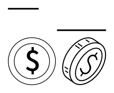 Düz, üzerinde dolar sembolleri olan bozuk paralar, biri düz, biri eğimli. Finans, ekonomi, yatırımlar, tasarruflar, bankacılık kârı para birimi kavramları için idealdir. Soyut çizgi düz metafor