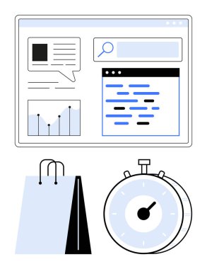 Arama kutusu, veri tablosu, kod düzenleyici, kronometre ve alışveriş çantası olan elektronik ticaret paneli. Veri yönetimi için ideal, çevrimiçi alışveriş, hız optimizasyonu, teknoloji arayüzleri pazarlama verimliliği