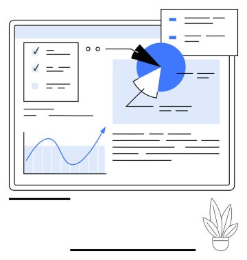 Ekranda mavi pasta grafiği, çizgi grafiği, kontrol listeleri ve belgeler var. Veri analizi, proje yönetimi, iş raporları, bilgi grafikleri, sunum stratejisi için ideal