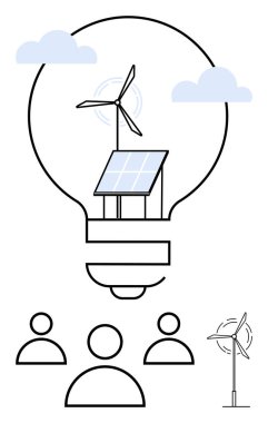 Solar panel and wind turbine inside a light bulb shape, symbolizing renewable energy, with people below and clouds above. Ideal for sustainability, teamwork, innovation, collaboration, clean energy clipart