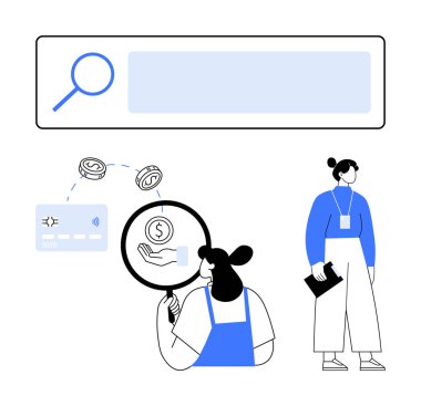 Bir büyüteç, bozuk para ve kredi kartıyla finansal işlemleri analiz eden kadınlar. Finans, veri incelemesi, bütçe, çevrimiçi ödemeler, dijital işlemler, iş yönetimi için ideal