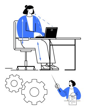 Ergonomik yönergeleri takip ederek dizüstü bilgisayarda yazan bir ofis çalışanı. Ofis koltuğu, masa, vites ve ayakta eğitmen dahil. İş sağlığı, ergonomik, iş eğitimi bürosu kurulumu için ideal