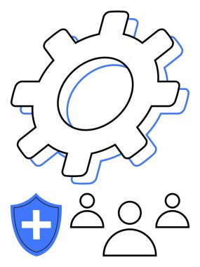 Kalkanlı ana öğe olarak vites ve işbirliğini, güvenliği, sağlık hizmetini, sistem süreçlerini sembolize eden ikonlar. Takım çalışması, güvenlik, sağlık, üretkenlik, risk yönetimi takım çalışması için ideal