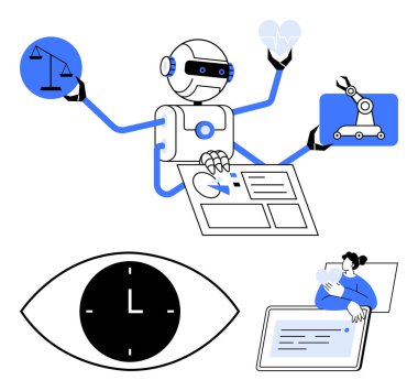 İnsanımsı yapay zeka, pulları, kalbi, robotik kolu, saati ve verisi olan görevleri yönetiyor. Yapay zeka, zaman yönetimi, otomasyon hukuku sağlık hizmetleri verimliliği yeniliği için idealdir. Soyut çizgi düz metafor