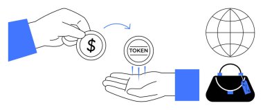 Hand exchanging dollar coin for token in another hand with globe and handbag. Ideal for e-commerce, digital payments, cryptocurrency, blockchain, online security, global trade, fintech. Abstract line clipart