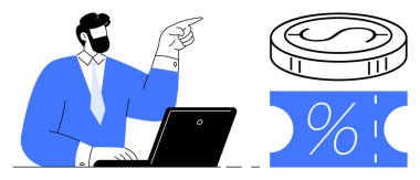 Diz üstü bilgisayar kullanan işadamı, para birimine ve indirim yüzdesine işaret ediyor. Finans, e-ticaret, yatırım, tasarruf, bütçe ve iş büyümesi için ideal. Soyut çizgi
