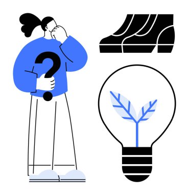 Çevresel sürdürülebilirlik üzerine kafa yoran soru işareti taşıyan biri. Ayakkabılar, tüketim ampulünü yaprak ile sembolize eder. Sürdürülebilirlik ve karar verme için ideal