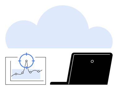 Bir dizüstü bilgisayar ve veri tablosunda büyüme grafiği ve hedef göstergesi olan bir bulut. Teknoloji, bulut depolama, veri analizi, iş anlayışı, bağlantı, dijital stratejiler, soyut