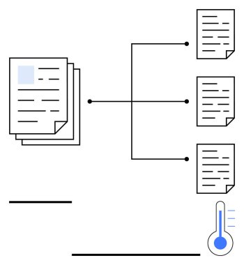 Bir sıcaklık simgesi eşliğinde kategorize dosyalara satırlarla bağlanmış birden fazla belge. Veri düzenleme, belge sıralama, öncelik sıralama sistemleri, iş akışı yönetimi, görev için ideal