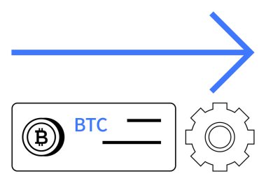 Mavi ok, cüzdanda BTC madeni para sembolü, ve dijital para birimini temsil eden dişli simgesi, engelleme zinciri sistemleri, ve fintech işleme. Kripto eğilimleri, küresel finans ve gelecek için ideal