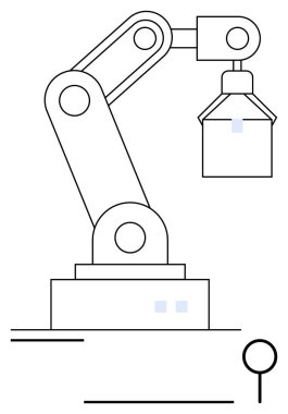 Bir objeyi tutan robot kol. Teknoloji, otomasyon, robotik, endüstriyel makineler, imalat, yapay zeka ve yenilik temaları için idealdir. Soyut çizgi düz metafor