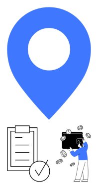 Mavi konum simgesi, işaretli kontrol listesi, bozuk paralarla çevrili cüzdanı tutan kişi. Finans, lojistik, verimlilik, hedefler, para görevleri için ideal ilerleme. Soyut çizgi düz metafor