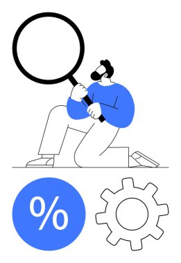 Büyüteç tutarken diz çöken kişi, yüzde sembolü ve teçhizatı aşağıda. Araştırma, analiz, optimizasyon, finans, iş stratejisi, veri, sorun çözme konuları için ideal