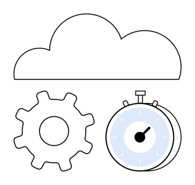 Teçhizatın üstündeki bulut ve kronometre teknolojiyi, hızı ve verimliliği simgeliyor. Teknolojik yenilik, verimlilik, bulut hesaplama, otomasyon, zaman yönetimi, iş akışları soyut düz çizgi için ideal