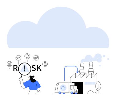 Simgeli büyüteç, verileri sembolize eden bulut, geri dönüşüm kamyonlu fabrika. Risk yönetimi, sürdürülebilirlik, bulut hesaplaması, lojistik, çevre ve analiz için ideal