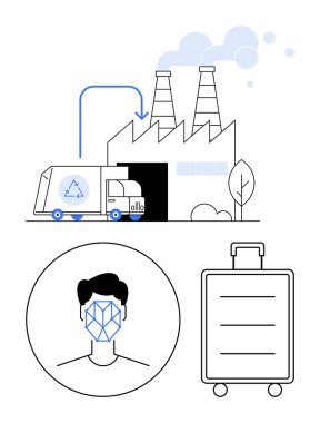 Akıllı bir fabrikanın yanında geri dönüşüm kamyonu, yüz tanıma ikonu, bagaj çantası görüntüsü. Sürdürülebilirlik, yapay zeka, lojistik, teknoloji, seyahat güvenliği, tedarik zinciri soyut metaforu için ideal