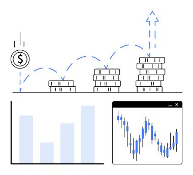Yükselen bozuk para yığınları, para düşüşü, bar grafiği ve finansal ilerlemeyi gösteren çizgi çizelgesi. Yatırım, borsa analizi ve finansal planlama için ideal