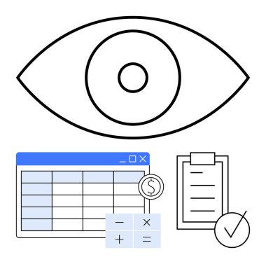 Hesap çizelgesinin üstündeki göz, hesap makinesi, işaretli kontrol listesi, doğruluğu, veri organizasyonunu, mali takibi ve izlemeyi temsil ediyor. Finans ve analitik planlama denetimleri için ideal bütçe