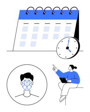 Takvim ve saat çizelgeyi, yüz tanıma simgesini ve dizüstü bilgisayarını gösteren oturan kadını temsil ediyor. Zaman planlama, üretkenlik, biyometri, iş hayatı dengesi, teknoloji, uygulamalar için ideal