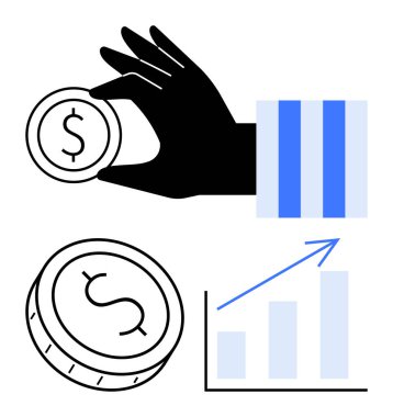 Dolar işaretiyle el ele tutuşan para, büyümeyi temsil eden oklu bar tablosu ve tek bir bozuk para. Finans, yatırımlar, tasarruflar, ekonomik kalkınma, iş büyümesi ve finans için ideal