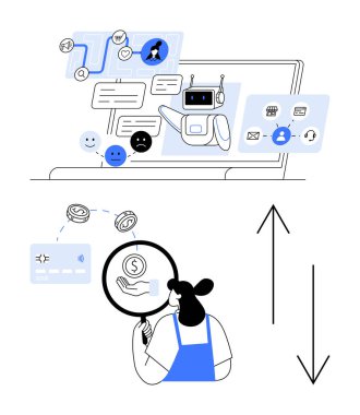 Müşteri portatif sohbet robotuyla meşgul oluyor, büyüteçle finansal işlemleri araştırıyor, müşteri geribildirimlerini takip ediyor, para ikonları, kartlar. Dijital yardım ve yapay zeka iletişimi için ideal