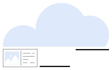 Dev bir bulut görüntüsü üzerinde küçük resim ve metin satırları olan dijital veri kartı. Teknoloji, bulut depolama, veri yönetimi, dosya paylaşımı, bilişim sistemleri, dijital ağlar, soyut çizgi düz