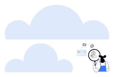 Büyüteç, çeşitli para birimi simgeleri ve bulut depolama sembolleriyle mali verileri inceleyen müfettiş. Bankacılık, finans, bulut hesaplama, denetim, siber güvenlik, fintech verileri için ideal