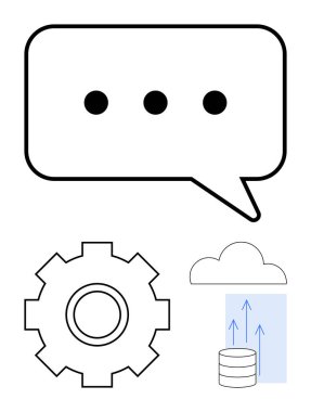 İletişim için noktalı konuşma balonu, işlem için teçhizat ve veri depolama için veri tabanı olan bulut. Takım çalışması, bulut hesaplama, yenilik, teknoloji süreçleri, dijital iletişim için ideal