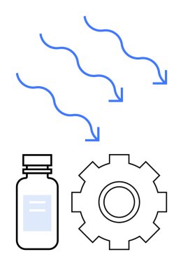Mavi oklar ilaç şişesinin üzerindeki hava akımını, bilim, sağlık, mühendislik ve verimliliği temsil ediyor. Yenilik, endüstri, sağlık, verimlilik araştırmaları için ideal