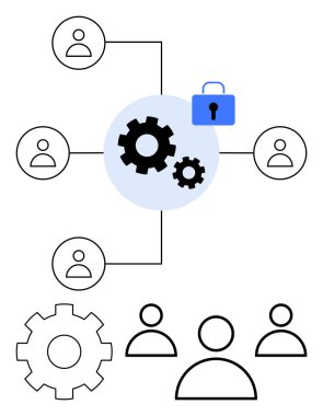Kullanıcı simgelerine bağlı bir ağdaki dişliler ve güvenlik kilidi. Siber güvenlik, veri koruması, takım işbirliği, makine süreçleri, bilişim sistemleri, güvenli işlemler, soyut düz çizgi