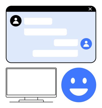 Bilgisayar ekranı ve büyük mutlu bir yüzün yanında kullanıcı simgeleri ve metin baloncuklarıyla çevrimiçi sohbet arayüzü. Mesajlaşma, iletişim, sosyal medya, teknik sunumlar, çevrimiçi etkileşimler için ideal