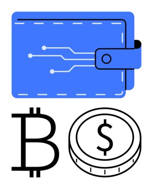 Devreli mavi cüzdan, Bitcoin logosu ve bozuk para taslağı. Finans, engelleme zinciri, kripto, fintech, dijital ödeme yatırım teknolojisi için ideal. Soyut çizgi düz metafor