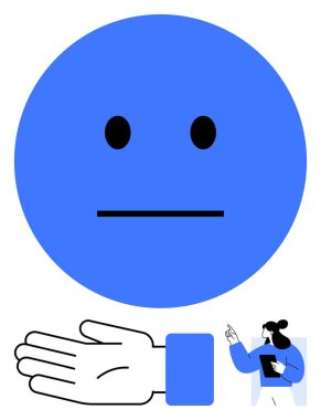 Mavi tarafsız bir yüz, mavi kollu uzanmış bir el, kadın figürü panoyu işaret ediyor. İletişim için ideal, geri bildirim, duygu, tarafsızlık, yönlendirme basitliğini desteklemek için. Satır metaforu