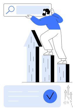 Arama çubuğuna tırmanan kişi, bilgi araması yoluyla gelişmeyi ve büyümeyi simgeleyen bir arama çubuğu tutuyor. İş stratejisi, analitik, SEO, hedef belirleme, kariyer büyümesi, dijital