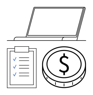 Laptop with a blank screen, a checklist with completed tasks, and a currency coin. Ideal for business planning, productivity, budgeting, finance, task tracking, digital tools abstract line flat clipart