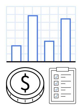 Veri görselleştirmesi için çubuk grafik, para birimi belirten para ve görevleri temsil eden kontrol listesi. Finans, iş stratejisi, analitik, planlama, bütçe, ekonomi ve soyut çizgi için ideal