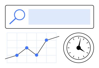 Büyüteç, saat yüz ve çizgi grafiğini işaretli noktalarla arayın. Analiz, zaman yönetimi, üretkenlik, araştırma, performans, dijital pazarlama soyut çizgisi düz metaforu için ideal
