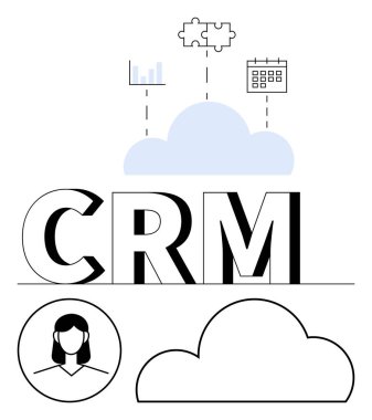 Bulut, bar şeması, bulmaca, takvim simgeleri ve kullanıcı avatarıyla CRM kısaltması. Müşteri yönetimi, satış, pazarlama iş analitiği işbirliği bulut hizmetleri veri entegrasyonu için idealdir. Çizgi