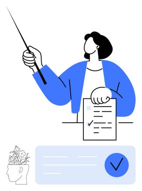 İşaretçi kullanan profesyonel bir kontrol listesi sunuyor. Çiçek ve listeyle dolu bir kafanın altında. Sunumlar, eğitim, akıl sağlığı, mesleki rehberlik, verimlilik tavsiyeleri, görev