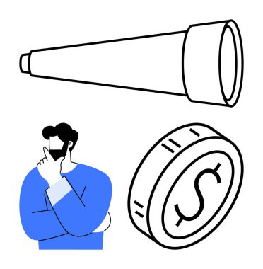 Teleskop ve madeni parayla düşünen adam planlama, vizyon ve finansal stratejiyi temsil ediyor. Gelecekteki hedefler, girişimcilik, yatırımlar, karar verme, öngörü ve yenilik için idealdir.