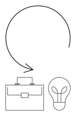 Evrak çantası ve ampulü birleştiren dairesel ok yenilik, verimlilik ve iş büyümesini iletir. Liderlik, girişimcilik, takım çalışması, kariyer stratejileri, problem çözme, girişimcilik için ideal