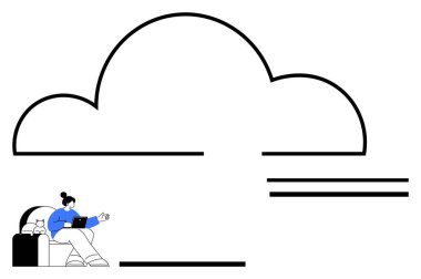 Kanepede dizüstü bilgisayarı olan bir kadın, sembolik olarak büyük bir bulut. Uzak çalışma, bulut hesaplama, veri depolama, bağlantı, sanal ofis, minimalizm, soyut düz metafor için ideal